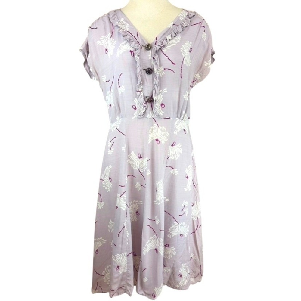 Vintage 40s Lavender Rayon Floral Dress|L|Ruffle V-Neck Chrysanthemum Bamboo